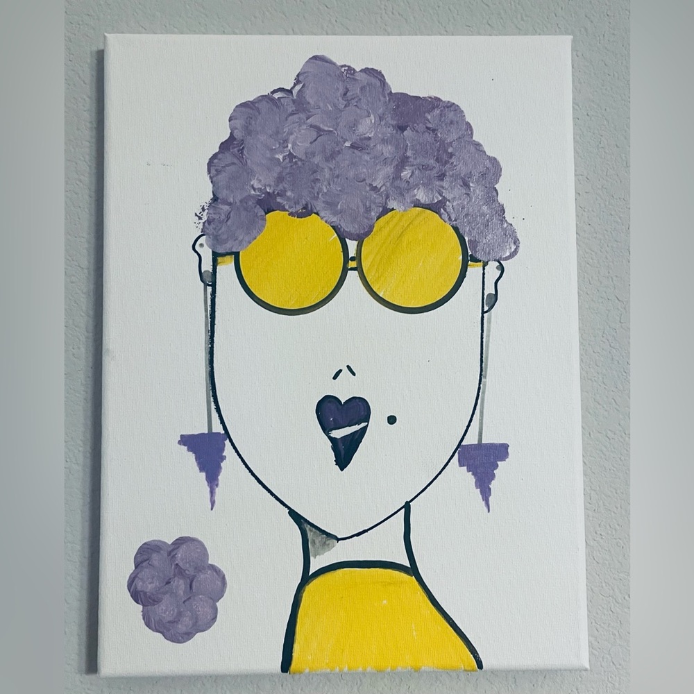 Modern Mixed-Media Portrait Canvas in Purple and Yellow ORIGINAL